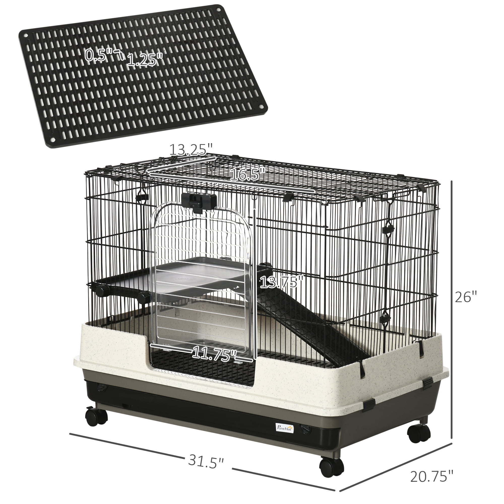 26" Small Animal Cage with Wheels, 2-Level Portable Bunny Cage, Chinchilla Ferret Cage with Removable Tray, Platform and Ramp