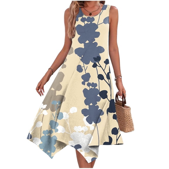 Teissuly Women's Casual Summer Dress Sleeveless Sundress Hankerchief Hem Maxi Tank Dresses Beach Dress With Pockets
