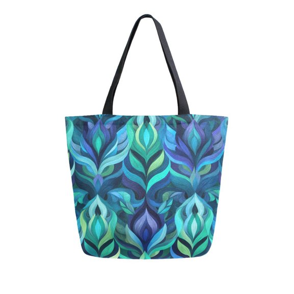 Open Top Canvas Tote Bag with Zipper Reusable Shopping Bag 13.5x15" Roomy Carryall Elegant Blue Abstract Shapes