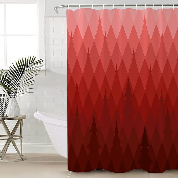 Shower Curtain Forest Geometric Pine Tree Red Gradient Waterproof Fabric Shower Curtain Set with 12 Hooks, Bathroom Curtains for Home Hotel Farmhouse Holiday Decor, 72" W x 72" L