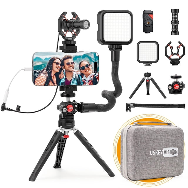 USKEYVISION Smartphone Video Vlogging Kit Metal Micrófono Luz Tiktok YouTube Podcast Equipo para iPhone 15/14/13 Mini/Pro/Max, Smartphone Android (V-Master)