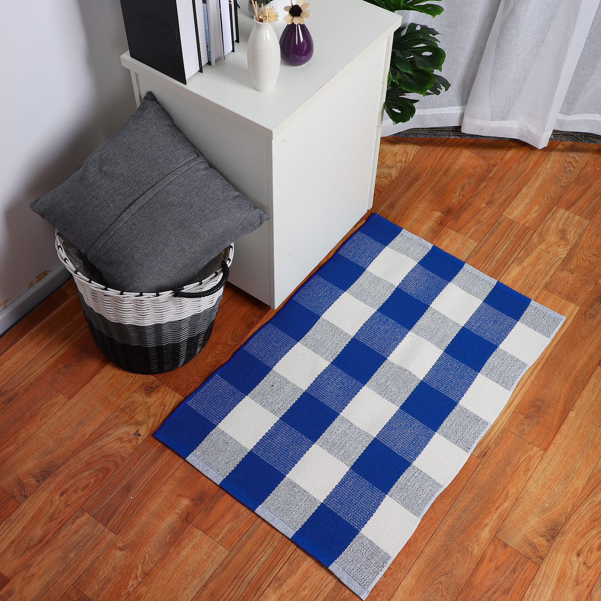 PiccoCasa Cotton Woven Plaid Floor Rugs Runner Carpet Blue White 35.4