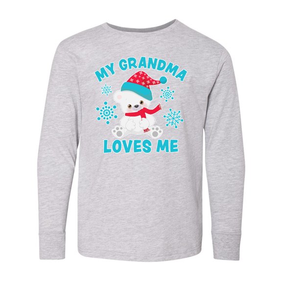Inktastic Polar Bear My Grandma Loves Me in Santa Hat with Snowflakes Long Sleeve Youth T-Shirt