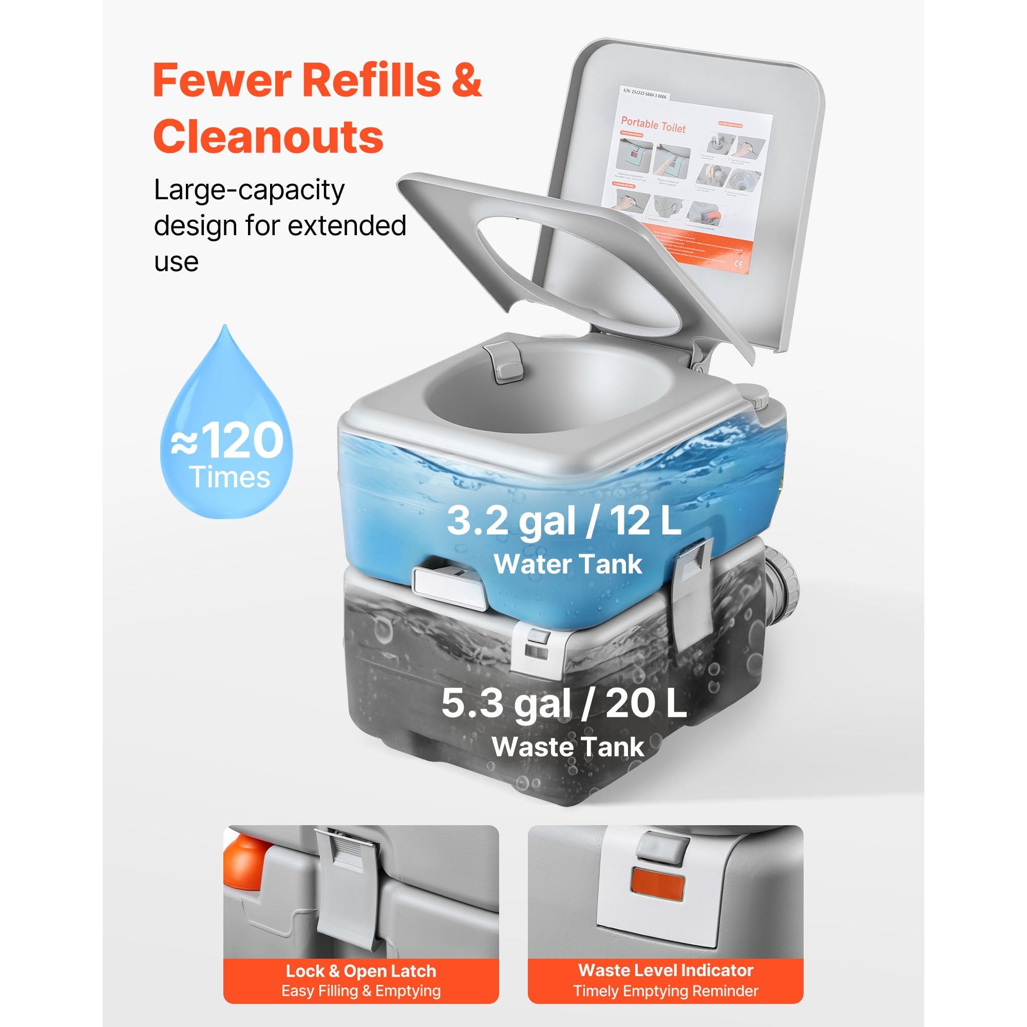 KFFKFF Portable Toilet with 5.3 Gallon Removable Waste Tank, 120 Flush Capacity, Travel-Friendly Design for Outdoor Activities, Includes Level Indicator and Carry Bag, Ideal for RVs, Camping, Hiking