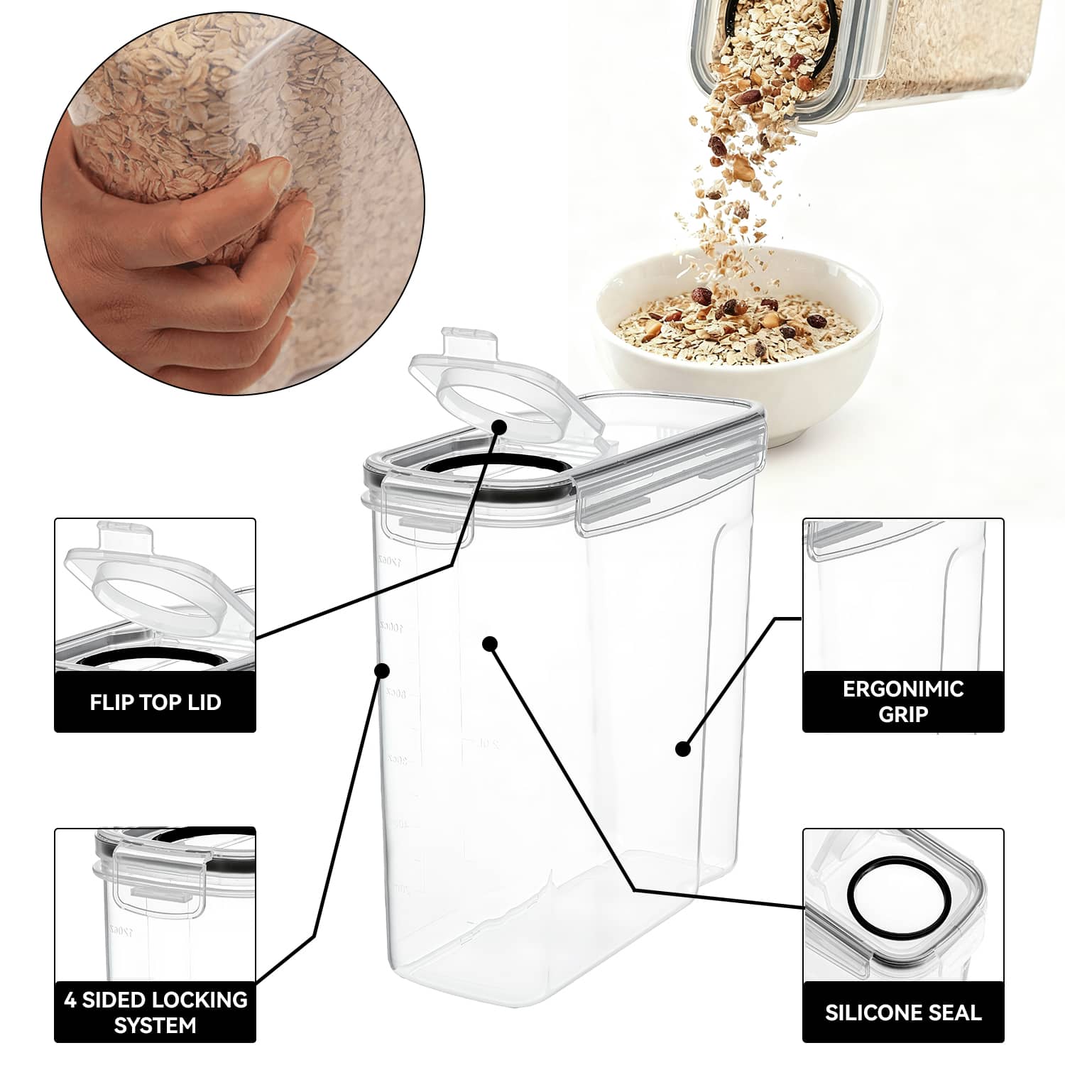 Kosbon Large Cereal Containers, 4-Pack with Measuring Spoons photo 3