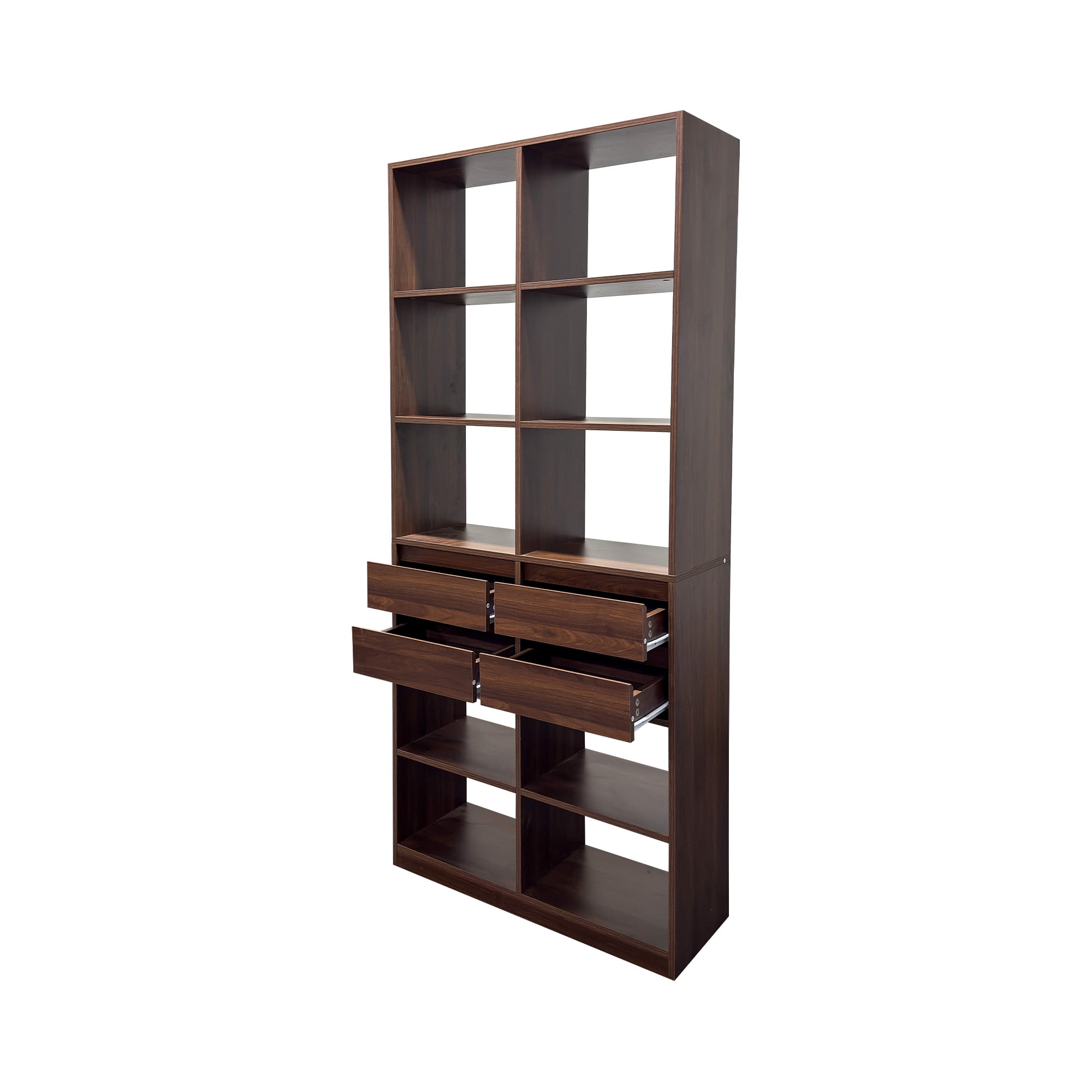 Mintazer Tall Bookcase with 10 Open Cubbies, Freestanding Bookshelf with 4 Storage Drawers, Multi‑Purpose Display Cabinet for Living Room Bedroom Home Office, Walnut Brown