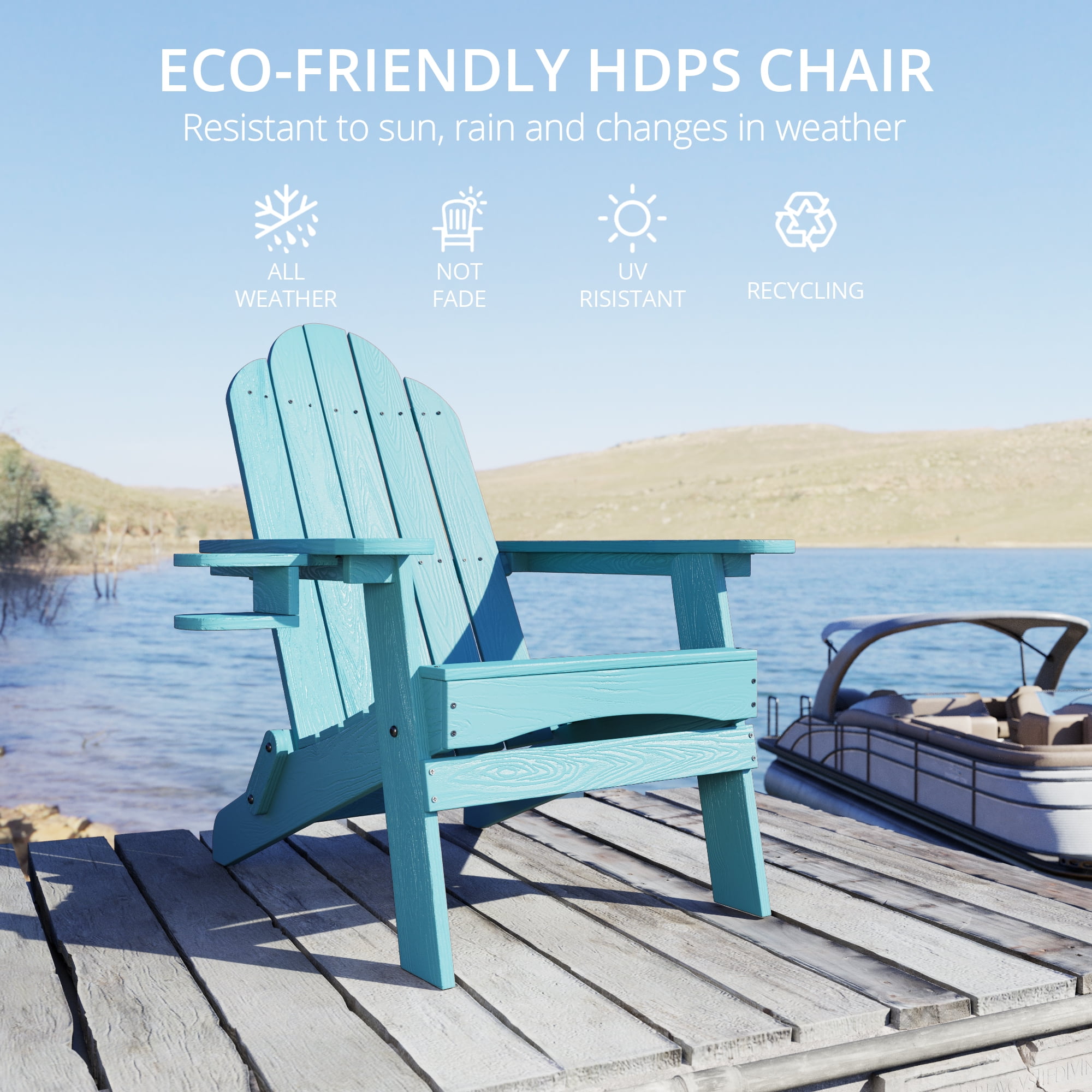 Dycanpo Folding Adirondack Chair Set of 4, Fire Pit Patio Garden Chair with Cup Holder, Blue Turquoise