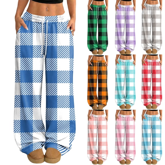 Hearthz Womens Pajamas Pants Drawstring Wide Leg Plaid Women's Lounge Pants Baggy Soft Comfy Lightweight Women Sleep Pants