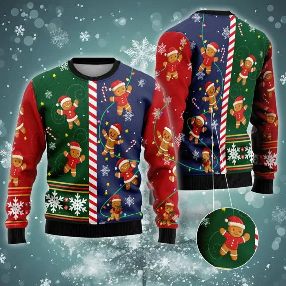 Joyful Gingerbread Christmas Sweater For Men Women, Christmas Cookies All Over Printed Sweater, Holiday Crewneck Unisex Pullover Sweater