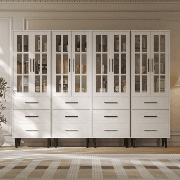 RichYa 4Pcs Pantry Storage Cabinet Set,Modern Sideboard Buffet Cabinets with Drawers & Display Glass Doors for Kitchen,Dining Room,White(BBBB)