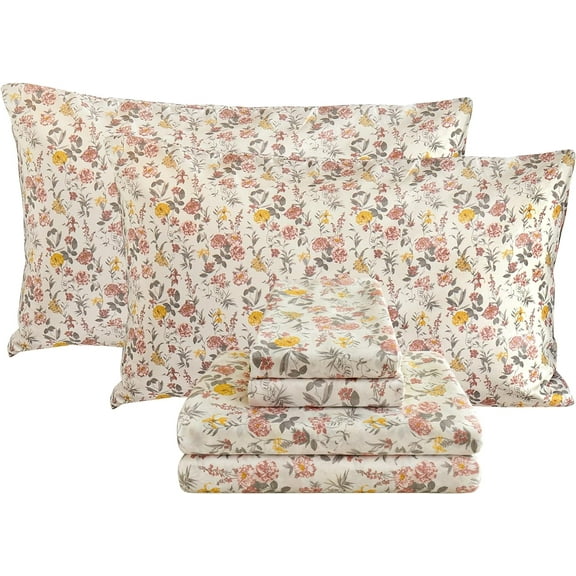 EnjinZZ Floral Full Sheet Set - 4 Piece Vintage Pink & Yellow Flower Patterned Bed Sheets - Soft, Breathable Microfiber Sheets with Deep Pocket, Non-Slip Fitted Sheets & Pillowcases