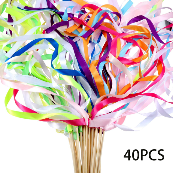 40 Pieces Mixed Color Ribbon Sticks with Bell, Ribbon Sticks for Stick Party, Streamers for Birthday Wedding Party Celebration Favors(Multicolor)