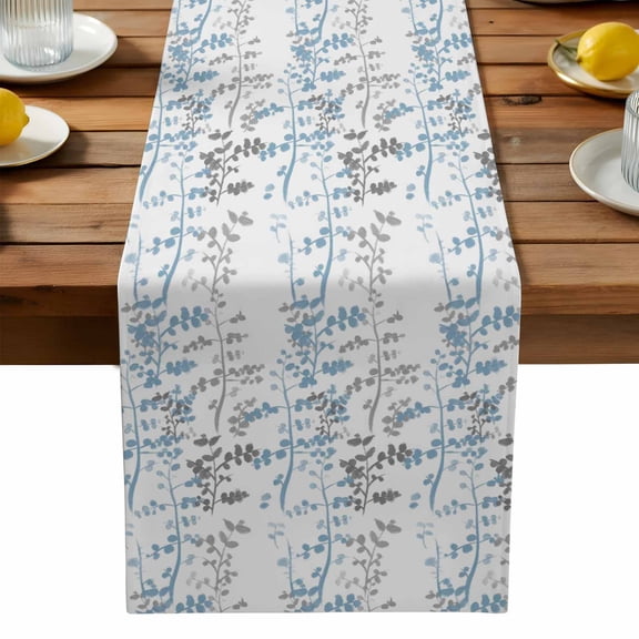 Light Blue and Grey Leaf Table Runner, Abstract Farm Plants Floral Branches Washable Kitchen Table Runners Dress Scarves for Dining Table Decorations Party, 13x72in