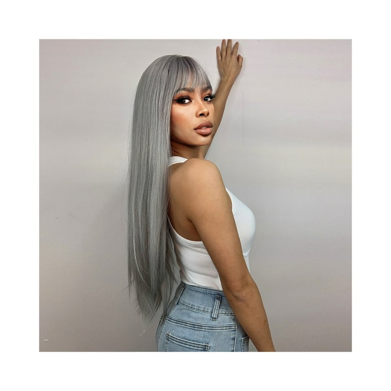 Ash Gray Wig Long Straight Hair Wig with Bangs Ash Gray Hip Length hair