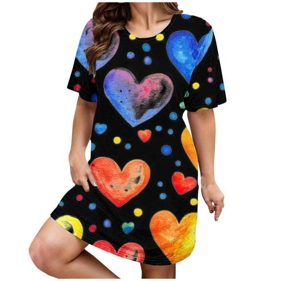 Plus Size Casual Sleep Dress Women's Plus Heart Print Short Sleeve Round Neck Medium Stretch Loose Nightdress Valentine's Day Nightdress