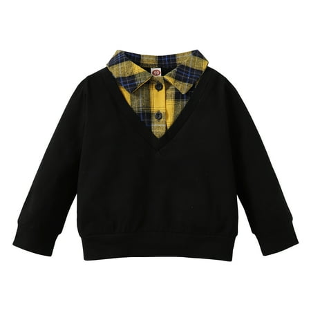 

KIMI BEAR Infant Boys Top 18 Months Infant Boy Autumn Winter Hoodie 24 Months Infant Boy Casual Fake Two-piece Plaid Lapel Long Sleeve T-shirt Black