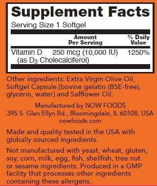 NOW Foods Supplements, Vitamin D-3 10,000 IU, Highest Potency, Structural Support*, 200 Softgels (Pack of 2)
