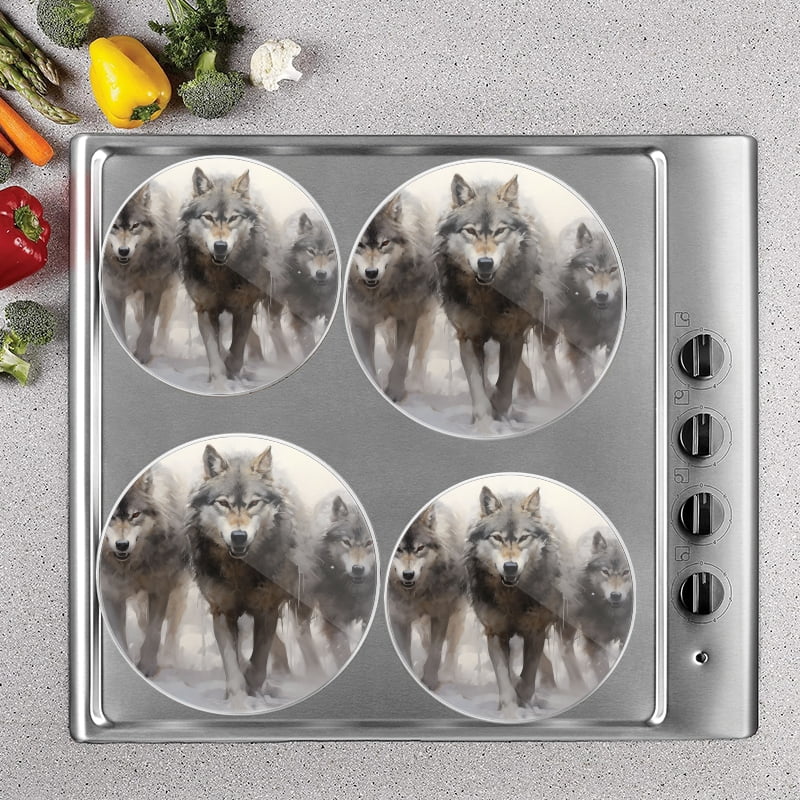 BaHomeck Electric Stove Burner Covers Set of 4,Round Metal Gas Stove Burner Covers 8 Inch and 10 Inch,Kitchen Decor,Wolf On Winter Snow Forest