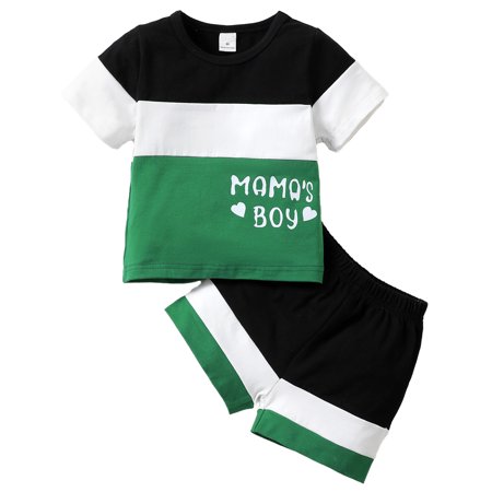 

Kucnuzki 3 Months Baby Boy Summer Outfits Shorts Sets 6 Months Short Sleeve Contrast Color MAMA S BOY Letter Prints Tops Elastic Cozy Shorts 2PCS Set Green