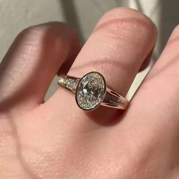 vylahjewellery Promise Ring for Her Minimalist Moissanite Diamond Engagement Ring Bezel Oval Shape Birthday Gift Ring 14K Vermeil Yellow Gold Split Shank Wedding Ring