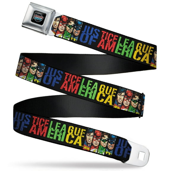 DC Comics Belt, Seatbelt Buckle Belt, Justice League of America Superhero Blocks Black Multi Color, Youth 22 to 32 Inches