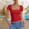 thumbnail image 2 of Htigea Women's Square Neck Crop Tops Short Sleeve Slim Fitted Summer Basic T Shirts for Going Out Red S, 2 of 7