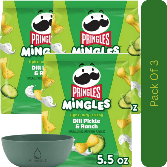 Pringles Mingles Dill Pickle & Ranch Puffed Snacks – 5.5 oz Canister, Crunchy Salty Snack With Olive Green Bowl By ValueNest