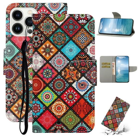 SaniMore for iPhone 15 Pro Wallet Case, Painted PU Leather for Women Men with Wrist Strap Magnetic Clasp Card Slots All-around Protective Shockproof Anti-fall Stylish Stand Shell, D-Ethnic Style
