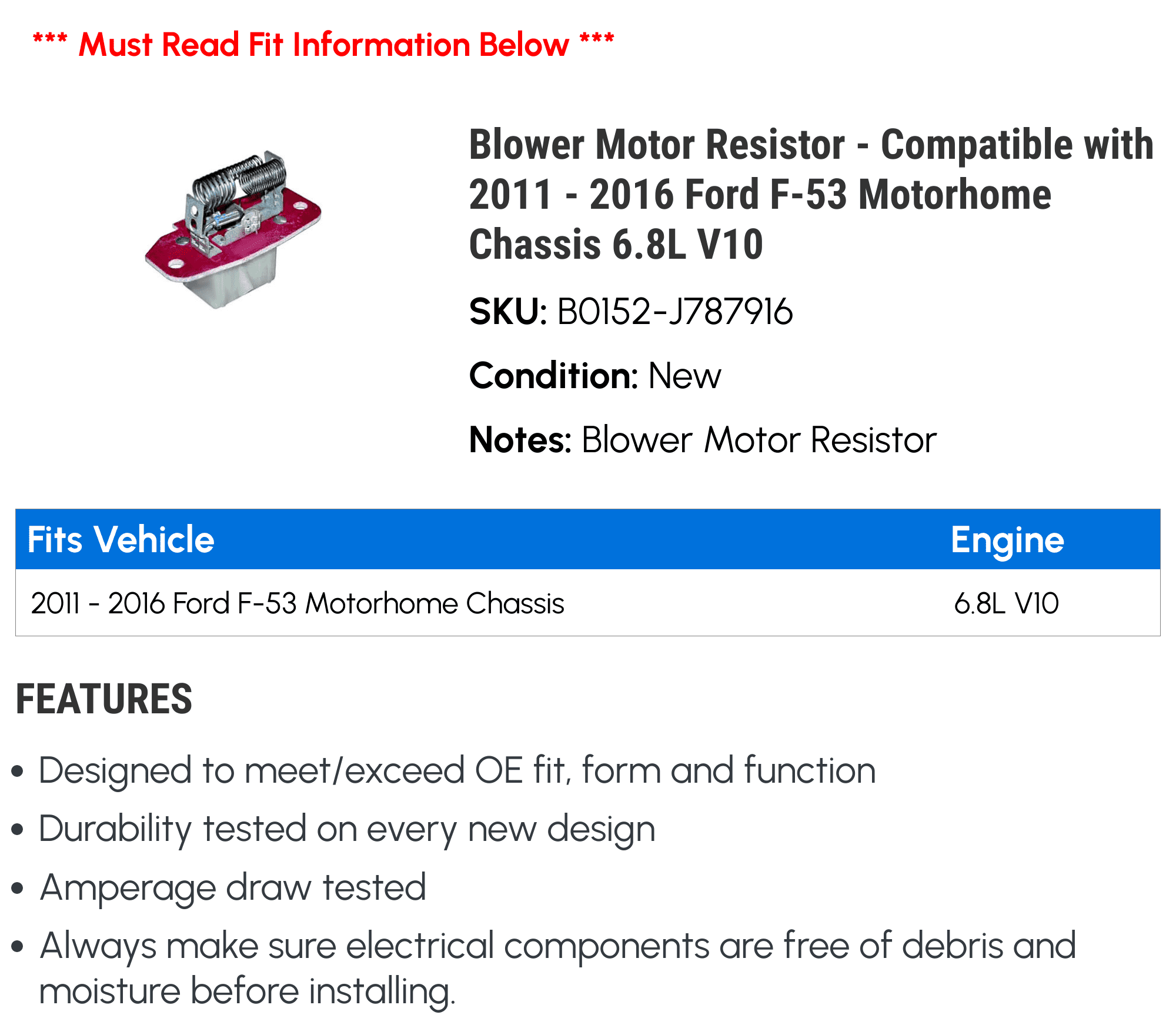 Blower Motor Resistor - Compatible with 2011 - 2016 Ford F-53 Motorhome Chassis 6.8L V10 2012 2013 2014 2015