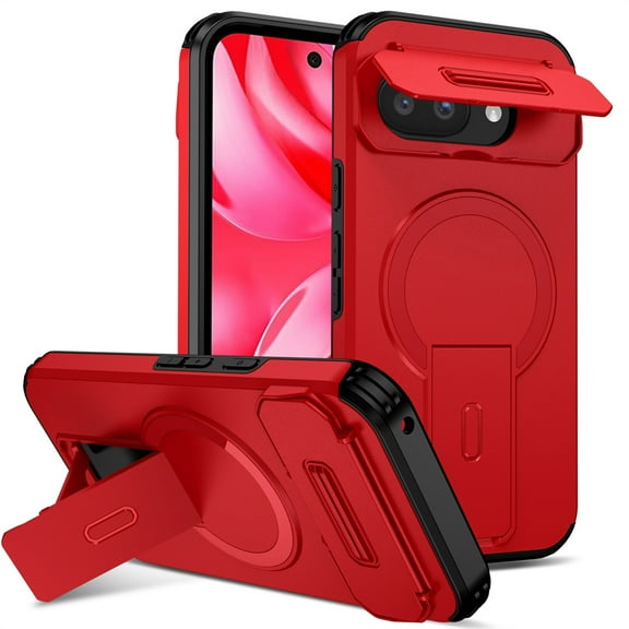 Case for Google Pixel 9a 6.3" with Invisible Fold Holder Stand, MagSafe Magnetic Wireless Charging,Sliding camera casing,Shockproof Dropproof Tough Rugged Protective Case Cover,Red