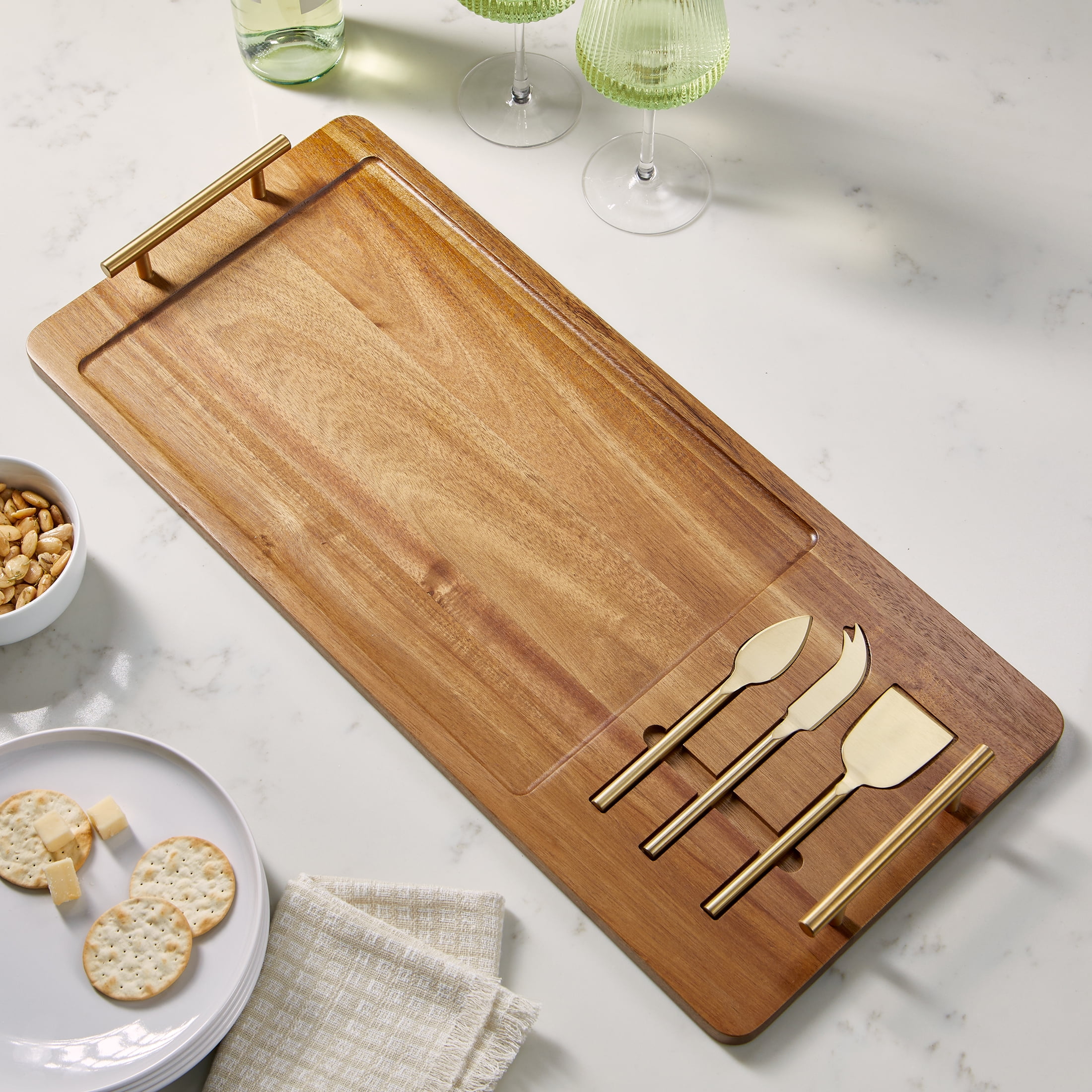 Better Homes & Gardens, Acacia Board with Cheese Tools, 22 W x 11.22 D x 1.96 H in, Kitchen