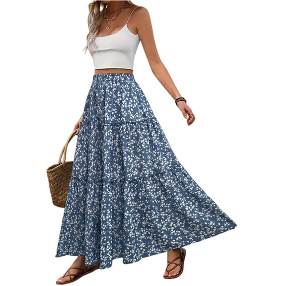 LWavelet Women Floral Print Tiered Maxi Skirt Elastic Drawstring Waist Boho Long Skirt Blue M