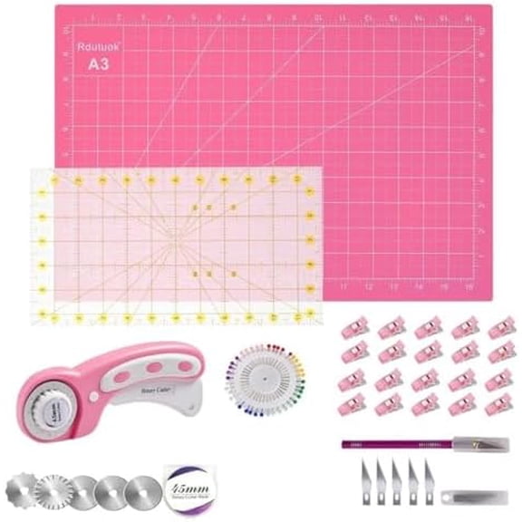 45mm Rotary Cutter Set Quilting Kit, 5 Replacement Blades, A3 Cutting Mat(18X12"), Acrylic Ruler,Sewing Pins,Cushion,Craft Knife Set and Craft Clips - Ideal for Sewing,Crafting,Patchworking