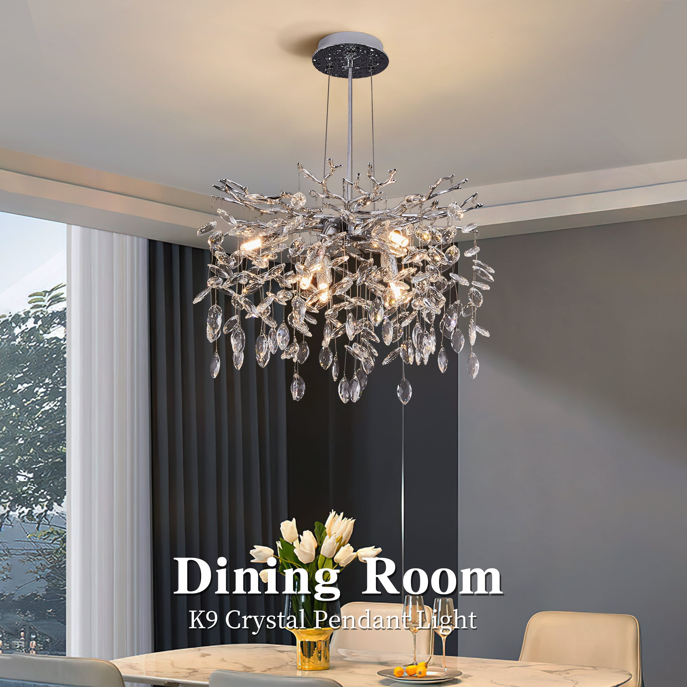 Modern Tree Branch Crystal Chandelier Luxury Silver Crystal Pendant Lighting 18" Contemporary 6-Light Chandeliers for Dining Room Kitchen Bedroom Living Room