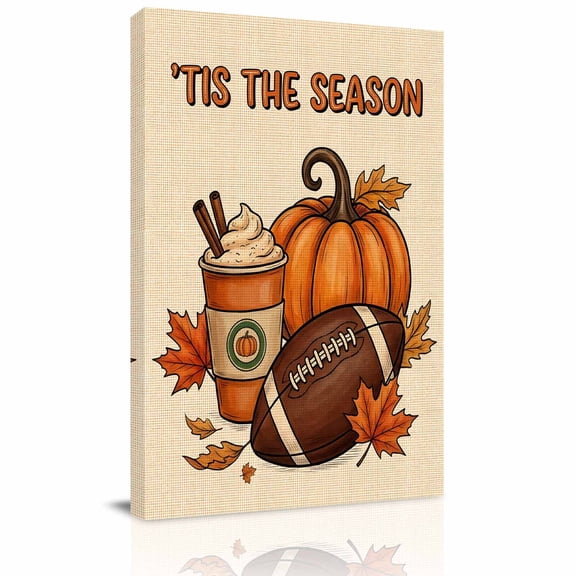 Canvas Wall Art, Fall Thanksgiving Framed Canvas Prints for Hallway Living Room, Football Pumpkins Maple Leaves Beige Extra Large Gallery Wrapped Wall Decor for Home Office, Gifts, 20"x30"