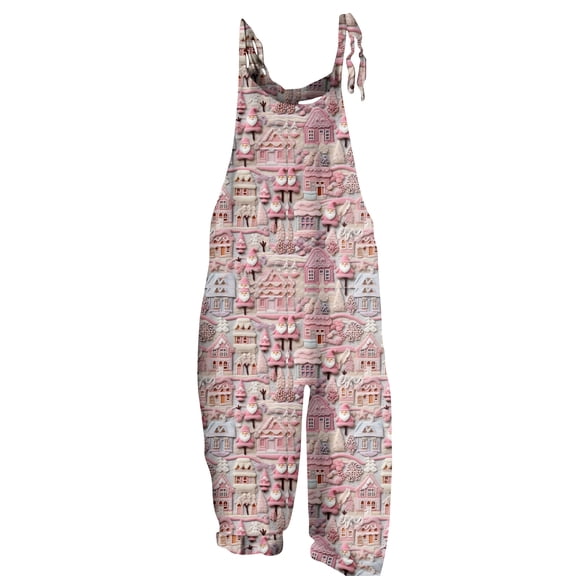 Women's Sleeveless Christmas Printed Cotton Jumpsuit - Casual Loose-Fit Romper, Beige Size L