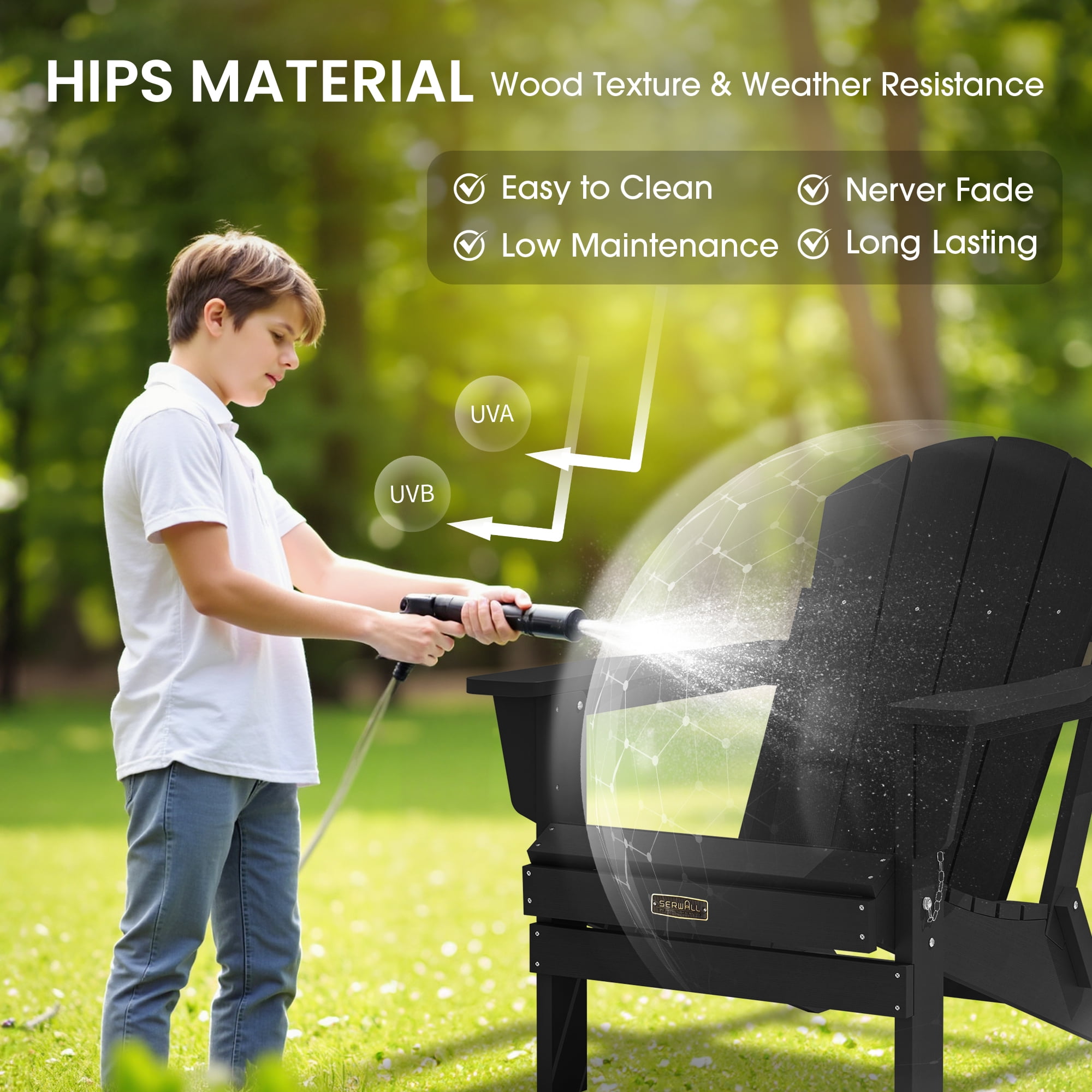 SERWALL Foldable Adirondack Chair Set of 4, Oversized All-Weather Outdoor Patio Chairs, HIPS Plastic Adirondack Chair for Garden Fire Pit - Black