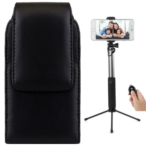 BUNDLE: Professional Vegan Leather Vertical Smartphone Holster Case (Black) & Selfie Stick Mini Tripod 2.0 (Silver) - fits Smartphones up to 5.8-inch iPhone XS/X/8 Galaxy J3/J3 Prime/J2/J2 Pro Pixel 1