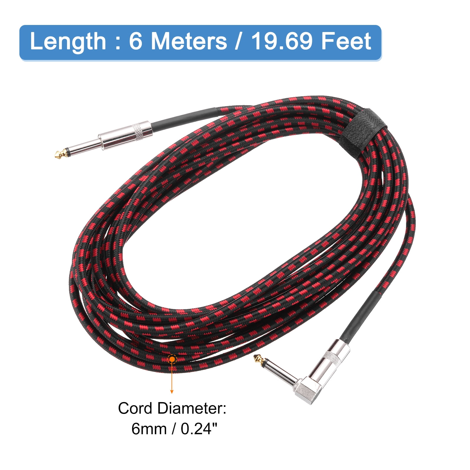 1 PCS Guitar Instrument Cable 20 Feet 1/4" to 1/4" 6.35mm Straight to Right Angle Interconnect Cord Braided Red