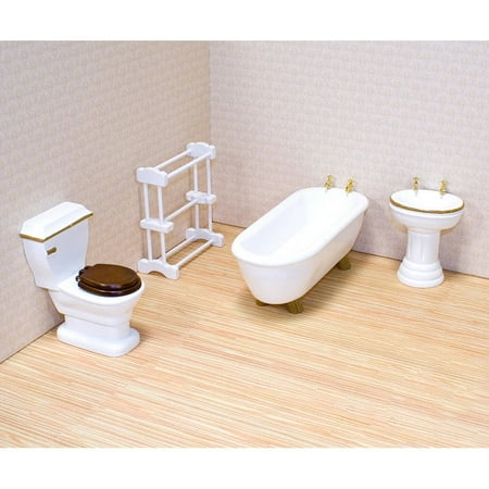 Melissa & Doug Classic Wooden Dollhouse Bathroom Furniture, 4pc, Tub, Sink, Toilet, Towel Rack