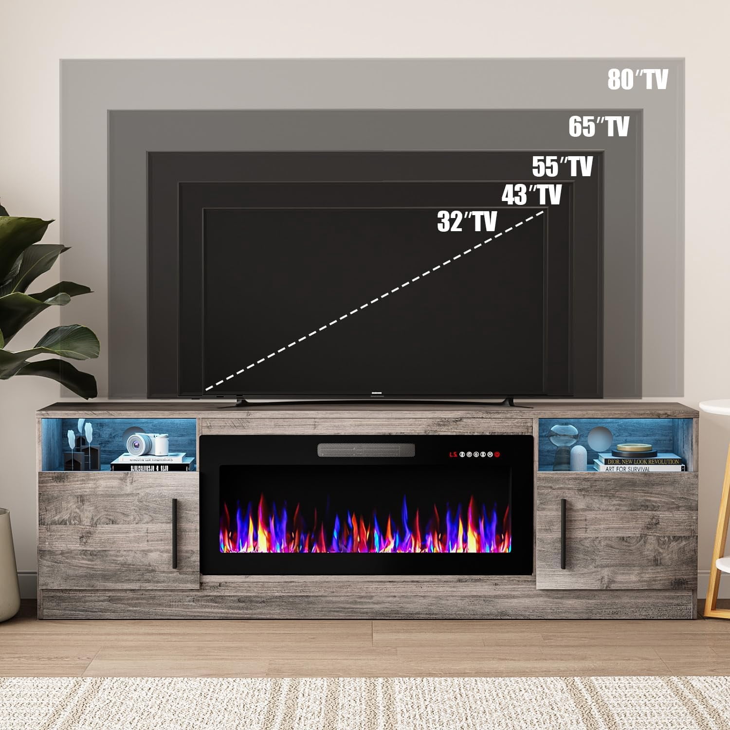 TV Stand with 36" inch Electric Fireplace Up to 80" TVs, LED Light Entertainment Center, 70" Modern Wood High Gloss Fireplace with Highlight Storage Cabinet for Living Room (Grey)