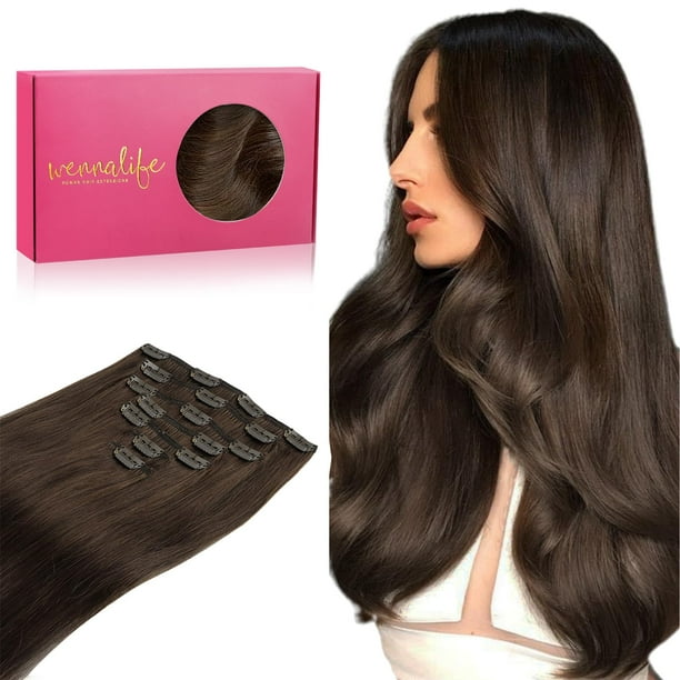WENNALIFE Extensiones de cabello con clip de cabello humano real de 20 pulgadas, 4.23 oz, 7 piezas de extensiones de cabello marrón chocolate con clip en extensiones de cabello humano Remy con clip en