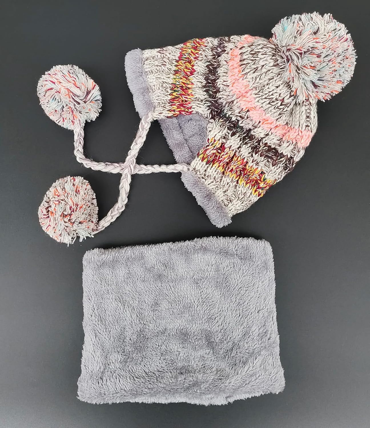 Zhengup Women Winter Beanie Hat Circle Scarf Set Pompoms Peruvian Ski Snow Ear Flaps Sherpa Knit Hats Fleece Lined,S to M Size Head