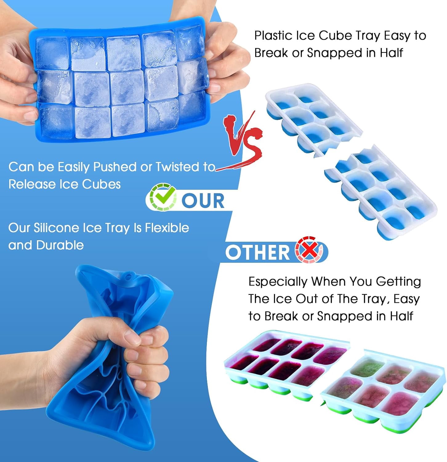 Silicone Ice Cube Trays,15 Square Ice Cube Tray with Lid,3 Pack Ice Cube Molds Set,Ice Molds Silicone,Ice Cube Maker,Large Ice Trays for Freezer Containers for Whiskey,Reusable & BPA Free (3 Colors)