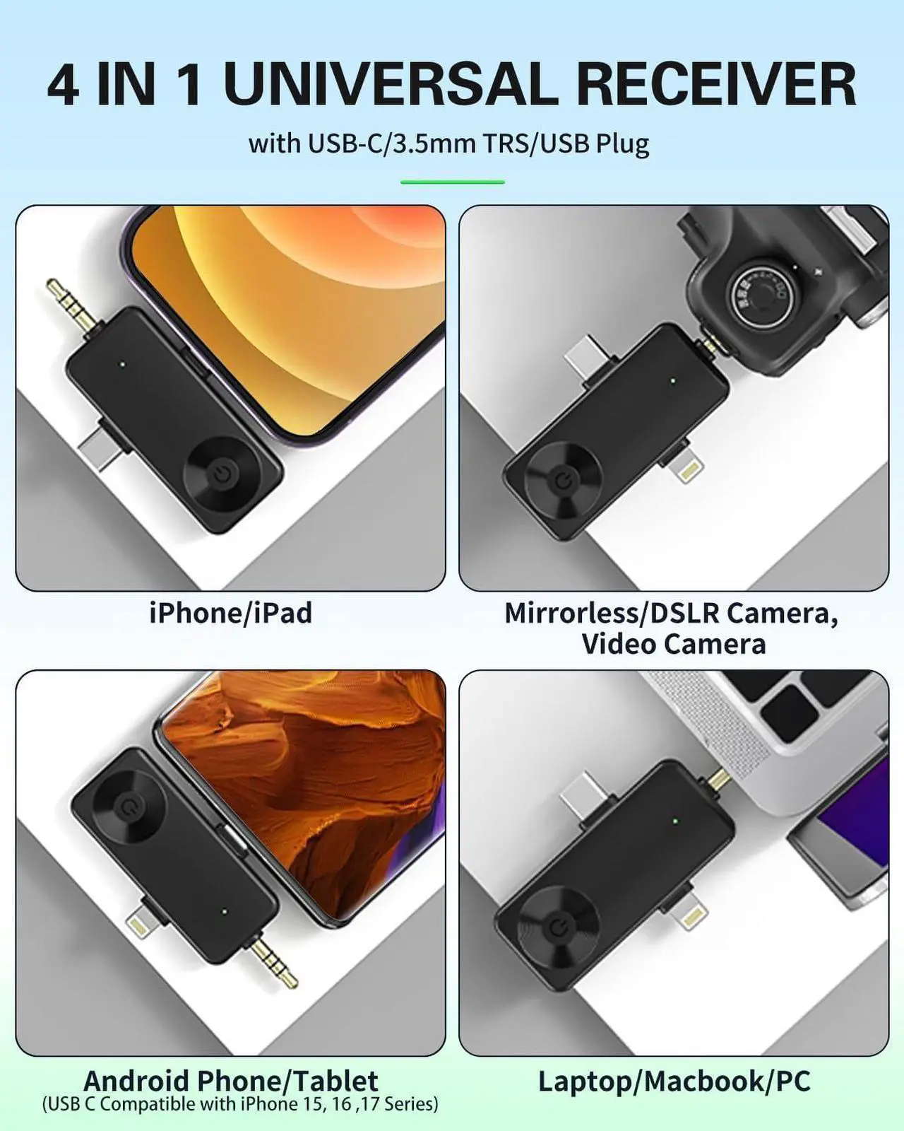 Wireless Lavailer Microphone for iPhone, Android, Camera, Professional Wireless Mini Microphone, 4 in 1 Condenser Lapel Mic for Interview Video Podcast Vlog YouTube ASMR TikTok