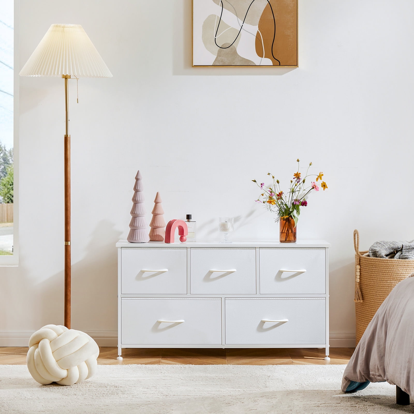 edx 5 Drawer Fabric Dresser for Bedroom, Chest of Drawer Organizer Storage Cabinet for Closet, Entryway, White