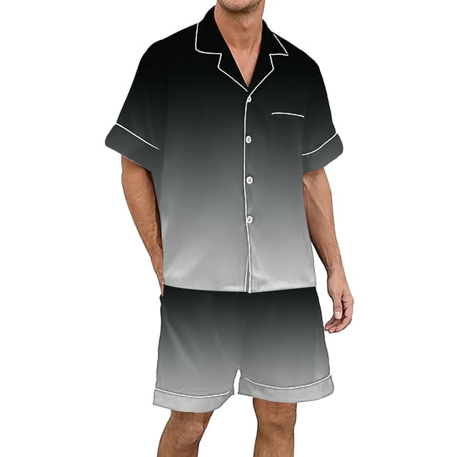 GPOECD Men's Sleepwear Plus Size Men's Gradient Multicolored Silk Satin Short Sleeve Button Up Home Wear Set Mens Pajama Set Grey,M