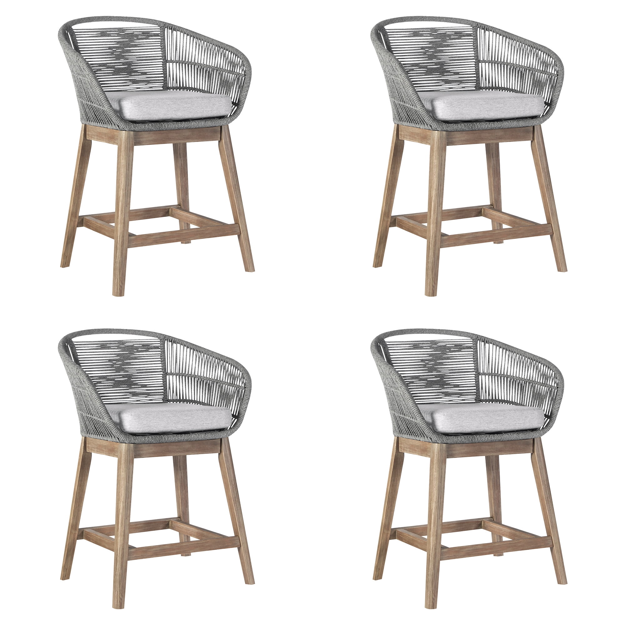 Tutti Frutti Indoor Outdoor Counter Height Bar Stool in Light Eucalyptus Wood with Gray Rope - Set of 4