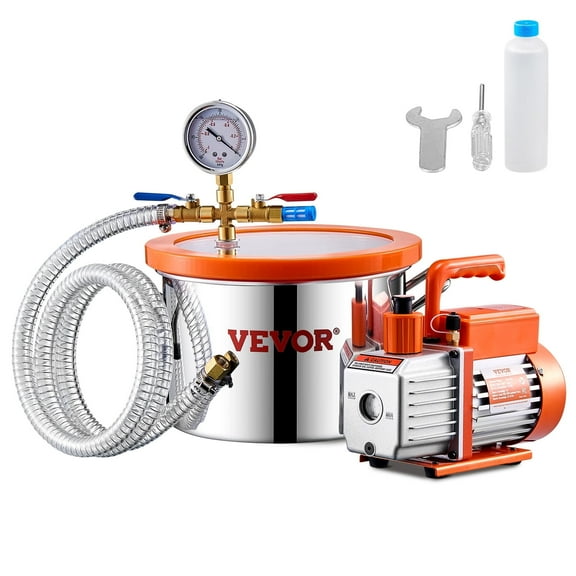 VEVOR 1.5 Gallon Vacuum Chamber and 3.5 CFM Pump Kit, Stainless Steel Chamber, Single Stage Vacuum Pump Degassing Chamber Kit, with Acrylic Lid, Oil, 4.92 ft Hose,for Degassing Resin Silicone Epoxies
