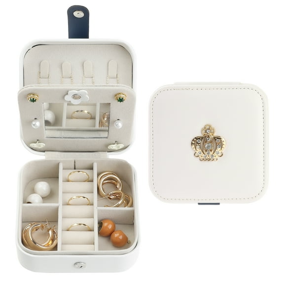 REGALWOVEN Travel Accessory Box with Mirror, Mini PU Leather Accessory Organizer Case Storage Display Holder White